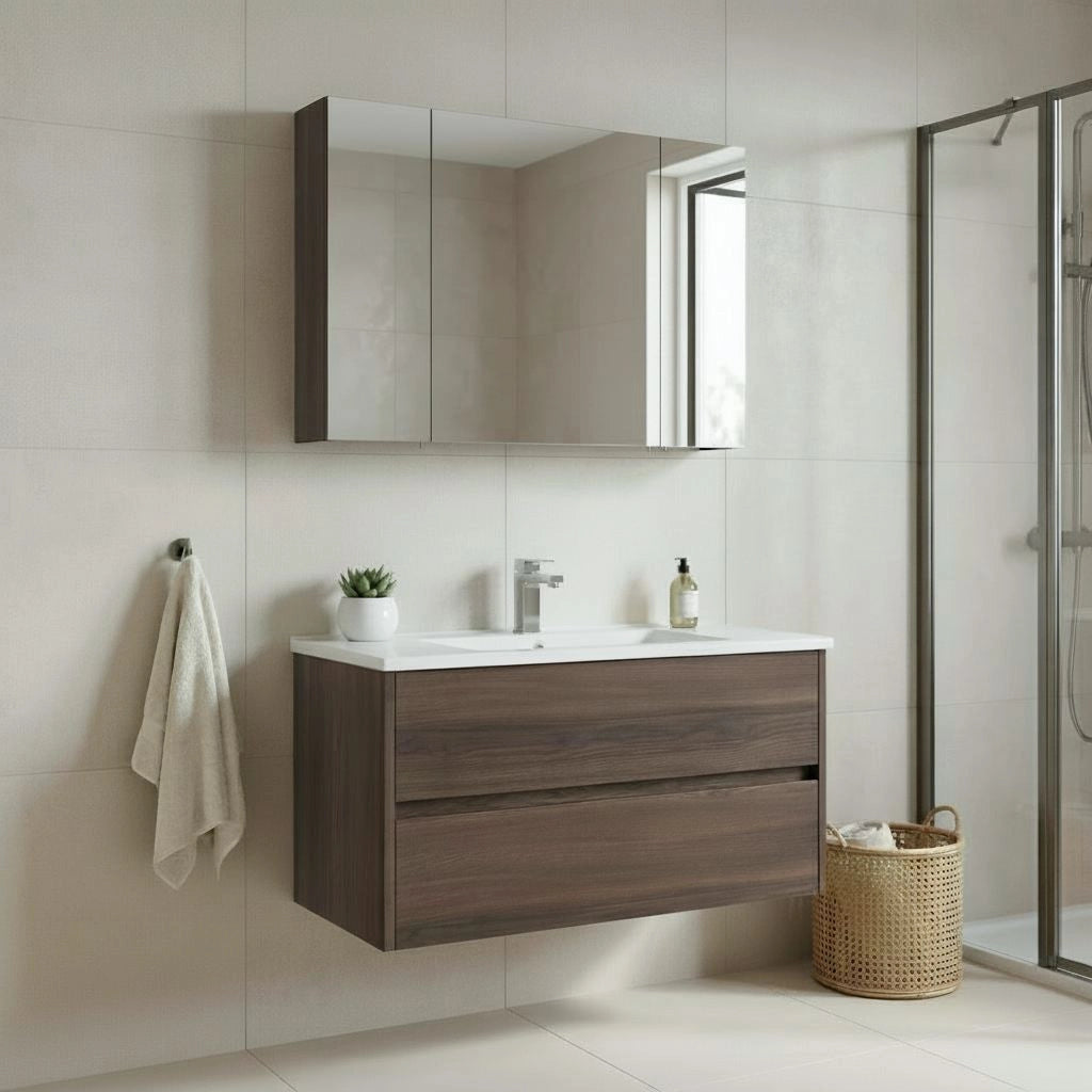 Set mobile lavabo con specchio (2 pezzi) "Side 100 v3" - 100 x 16 x 52 cm - Noce