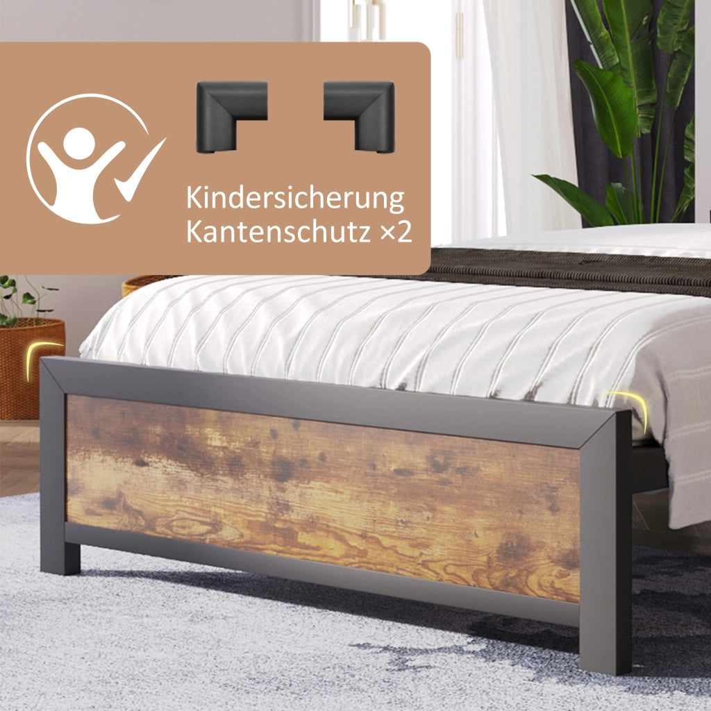 LETTO Matrimoniale 140x200 cm in Metallo e Legno Naturale con testiera portaoggetti