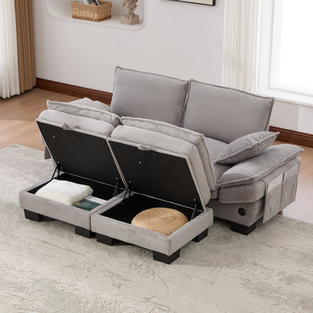 Divano modulare 2 posti in velluto a coste con pouf, usb-c, tasche laterali e seduta ergonomica, grigio chiaro