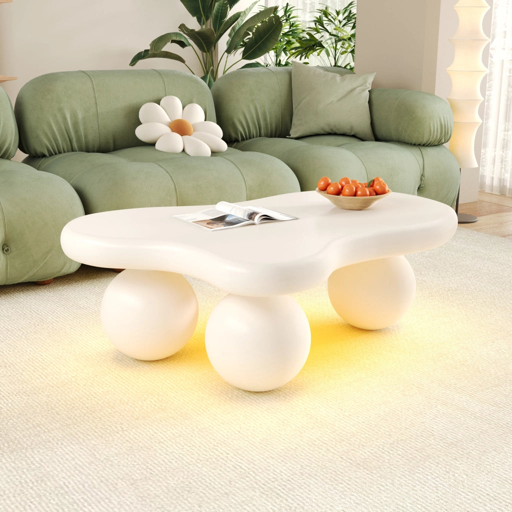 Tavolino da salotto con LED 16 colori controllato da app; forma nuvola e gambe tonde; in MDF; Bianco