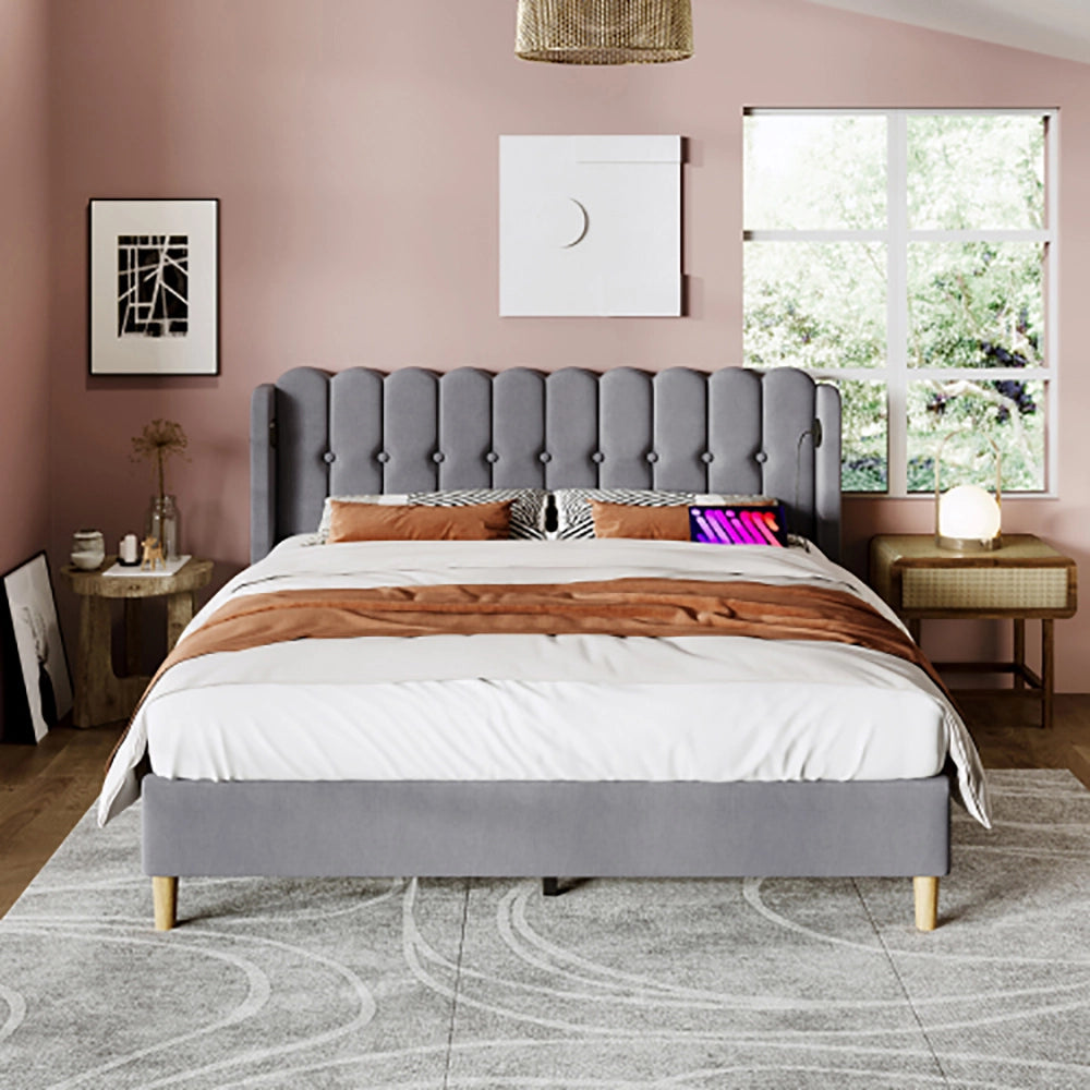 Letto imbottito matrimoniale - Xylo - 160x200 cm - Grigio - USB Type C, telaio con rete a doghe