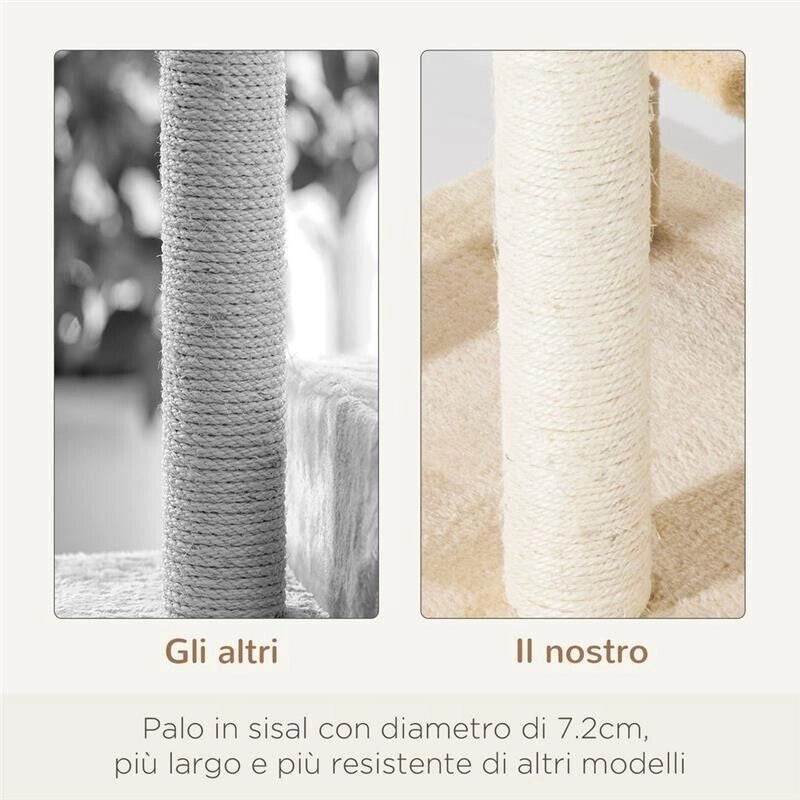 ALBERO PER GATTI MULTILIVELLO CON TIRAGRAFFI IN SISAL PER GATTI CON PIATTAFORME E CUCCIA IN PELUCHE BEIGE, 50X50X100 CM