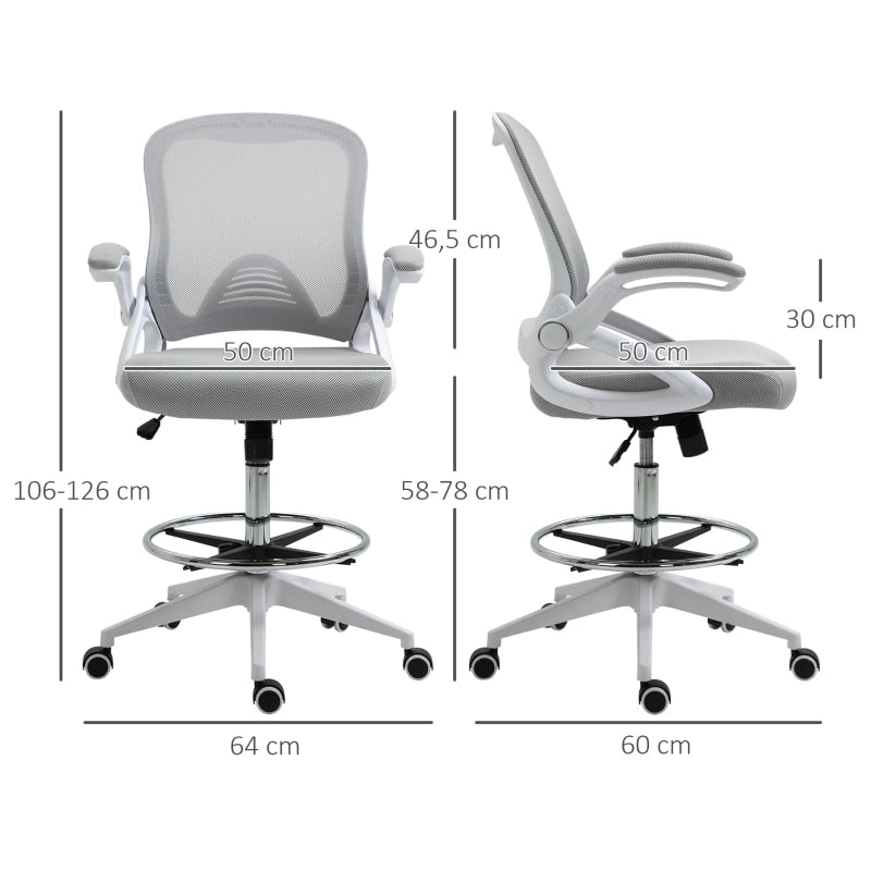 Sedia da ufficio ergonomica girevole con braccioli ribaltabili e poggiapiedi regolabile in rete grigio chiaro