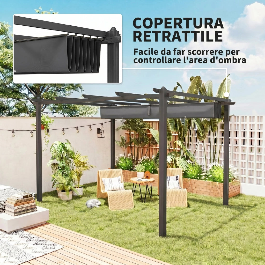 Pergola Gazebo 4x3 m con 8 Fori di Drenaggio, in Alluminio, Metallo e Poliestere, Grigio Scuro