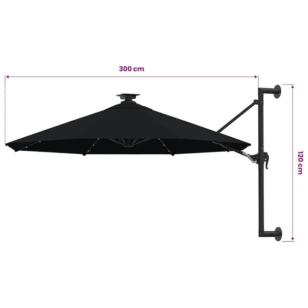 Ombrello | Parasolne da Giardino a Parete con LED 300 cm Nero
