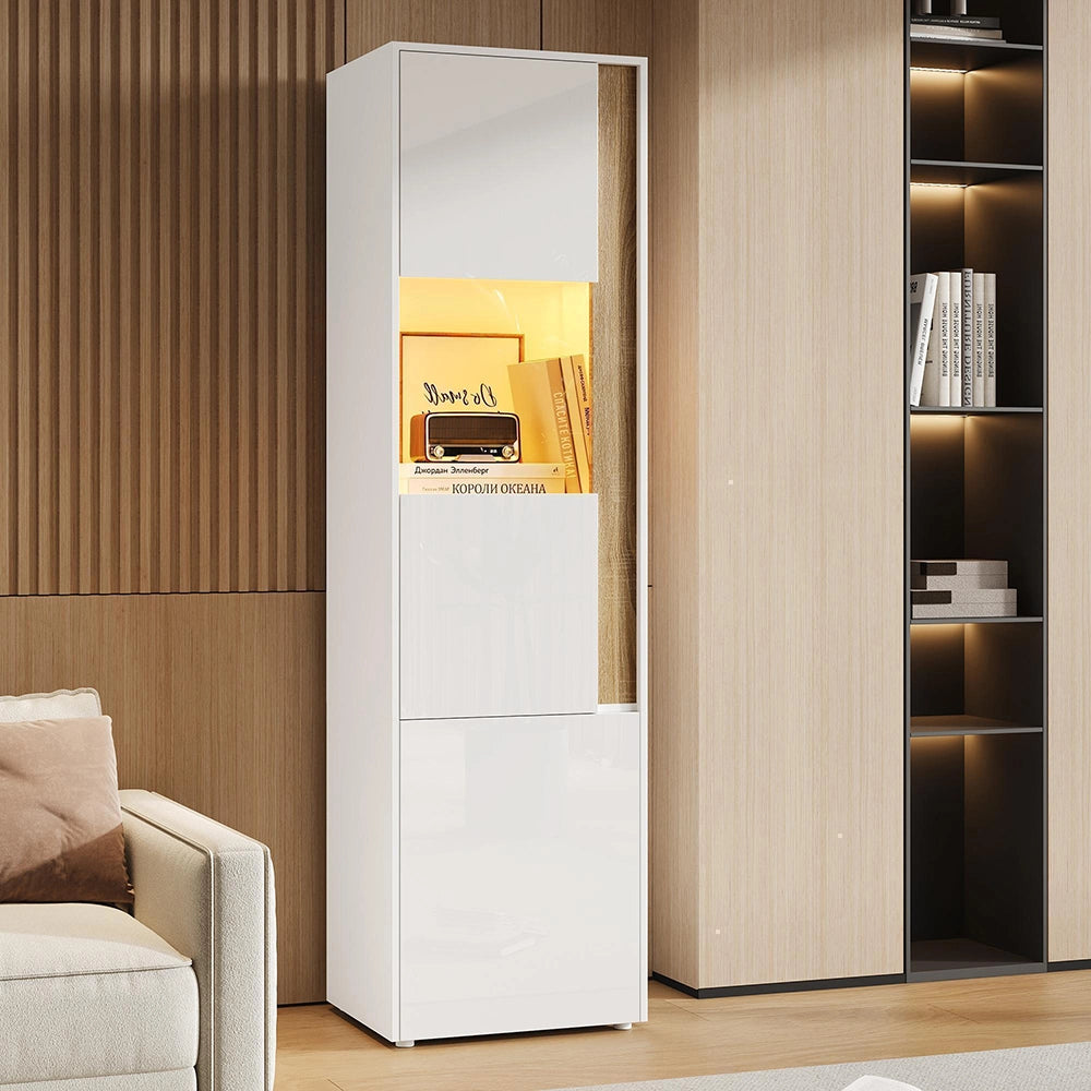 Armadio vetrina con illuminazione LED - Xylo - 50x40x179 cm - Bianco e naturale