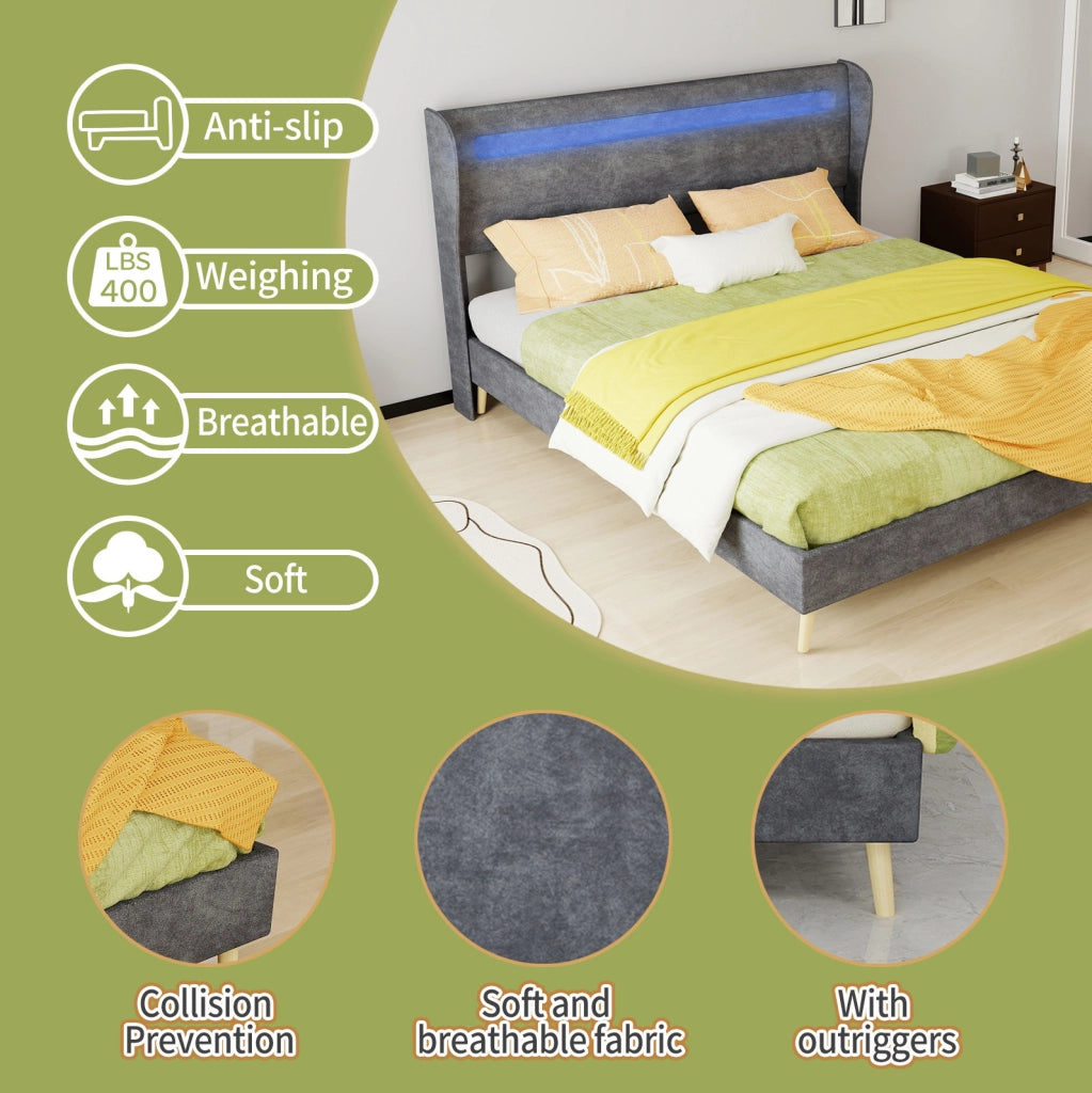 Letto imbottito 160x200 cm con testiera LED regolabile, grigio