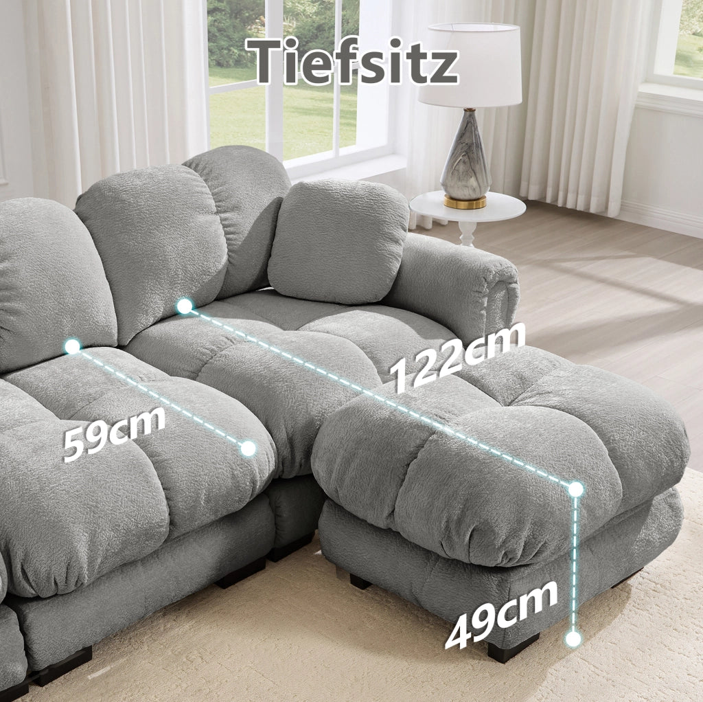 Divano modulare angolare a U 330x149x90 cm in ciniglia con pouf mobili; grigio chiaro