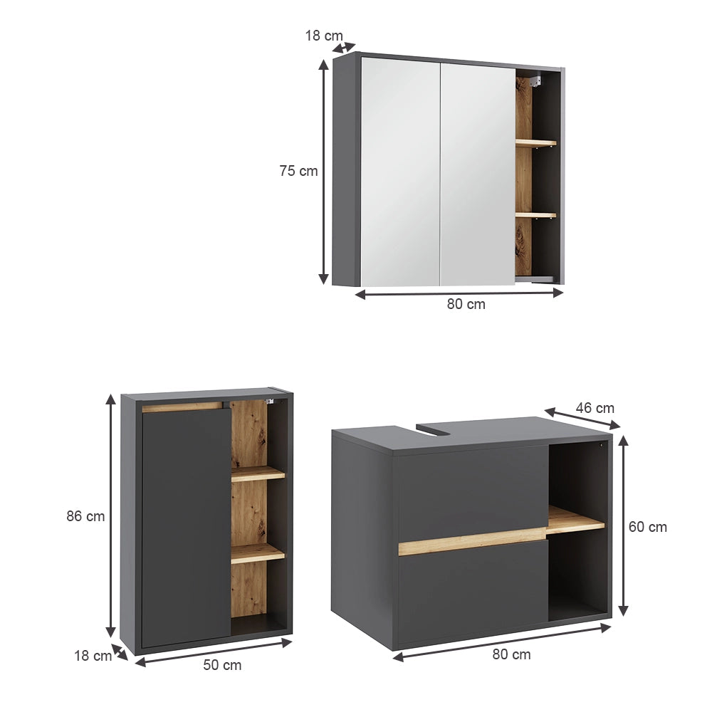 Vicco Set di mobili per il bagno Grigio/Artisan 3 parti