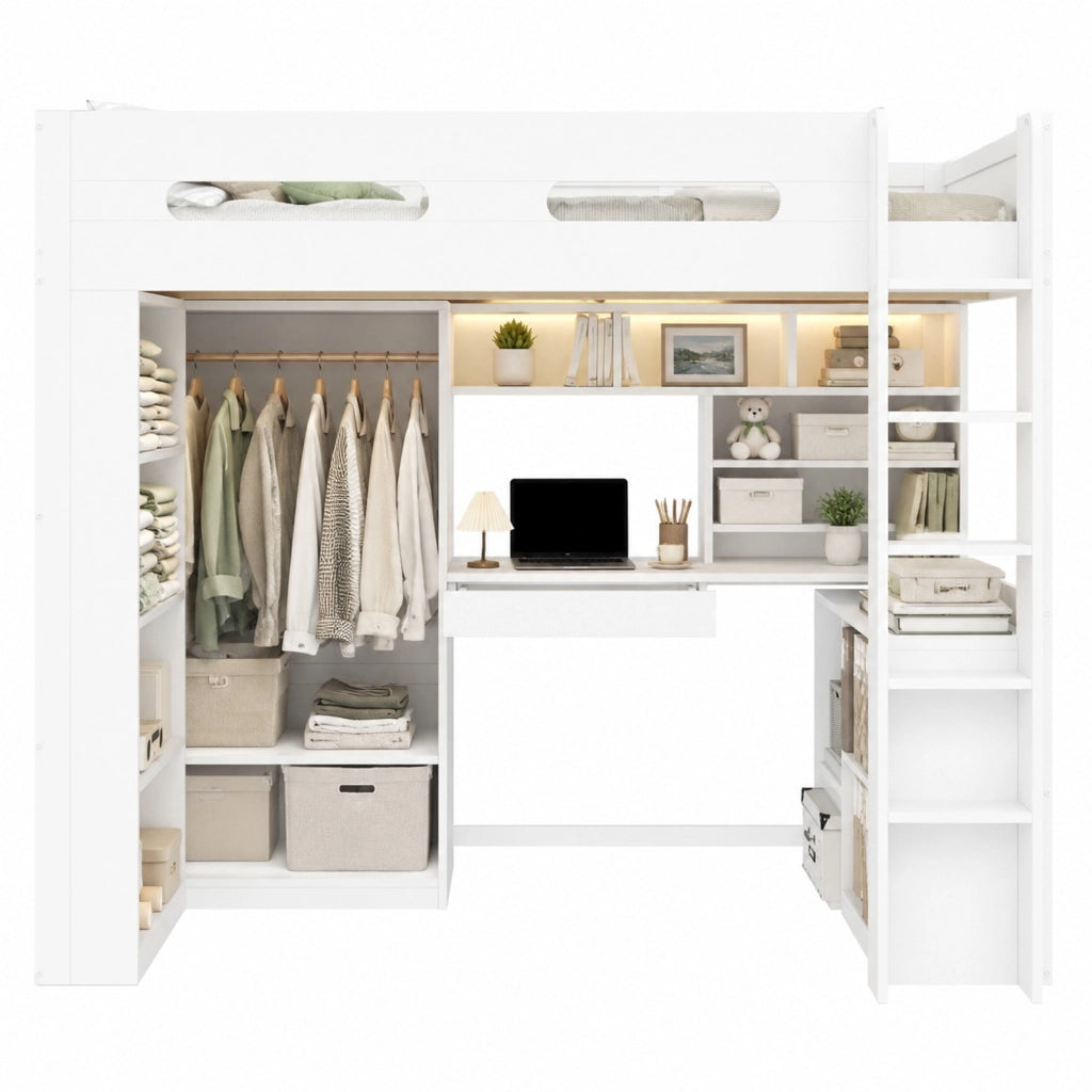 Letto a soppalco 90x200 cm con scrivania; armadio; LED e cassetto bianco