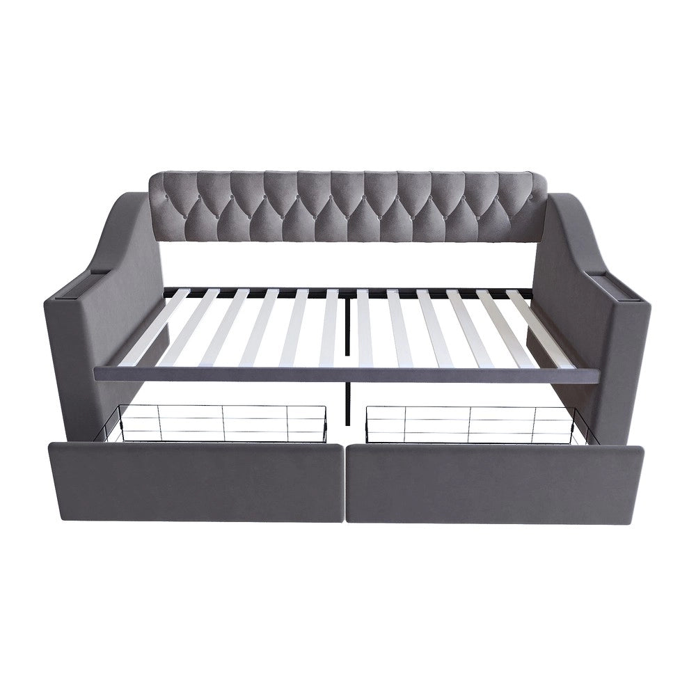 Letto Imbottito con Cassetto e USB ¨C MINIMAL ¨C Velluto Grigio Scuro 90x190