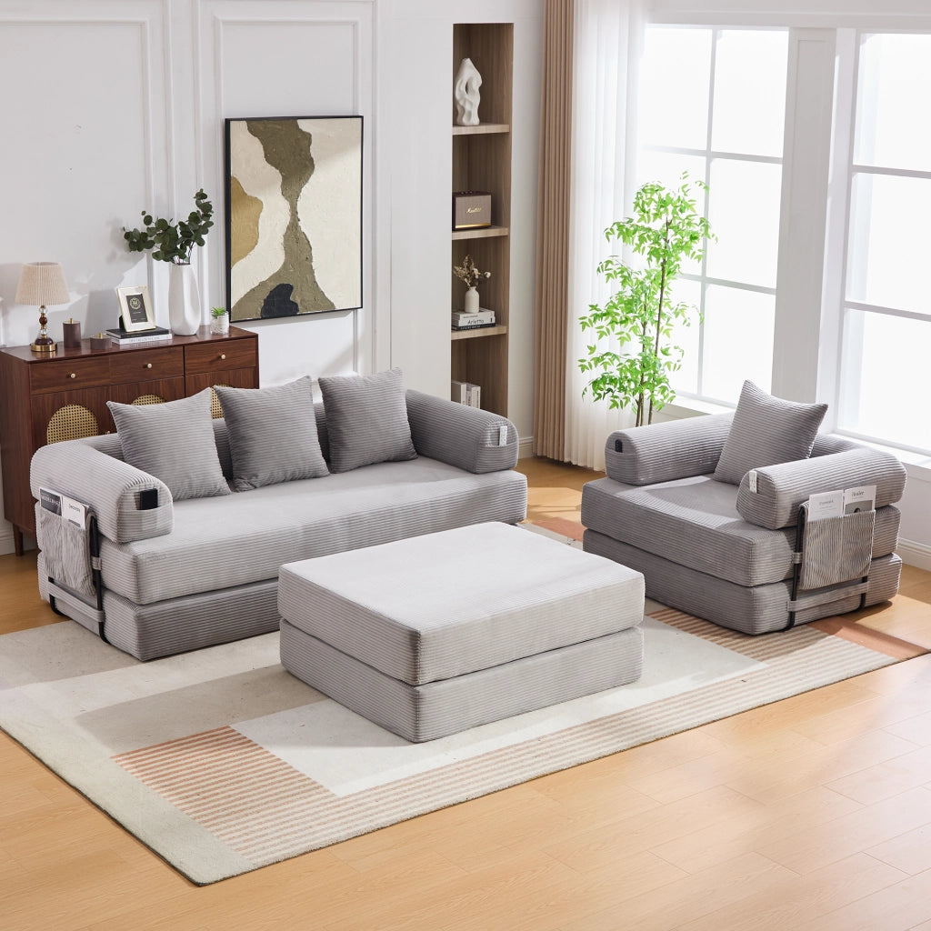DIVANO modulare in corda grigio chiaro con pouf e cuscini