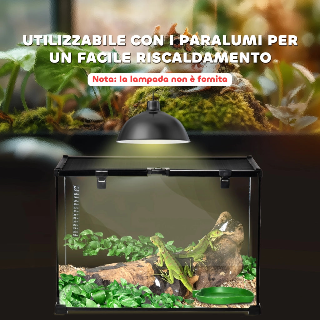 Terrario per Rettili Coperchio Scorrevole con Griglia Metallica e Termometro 50x30x35 cm in Vetro e Metallo Nero