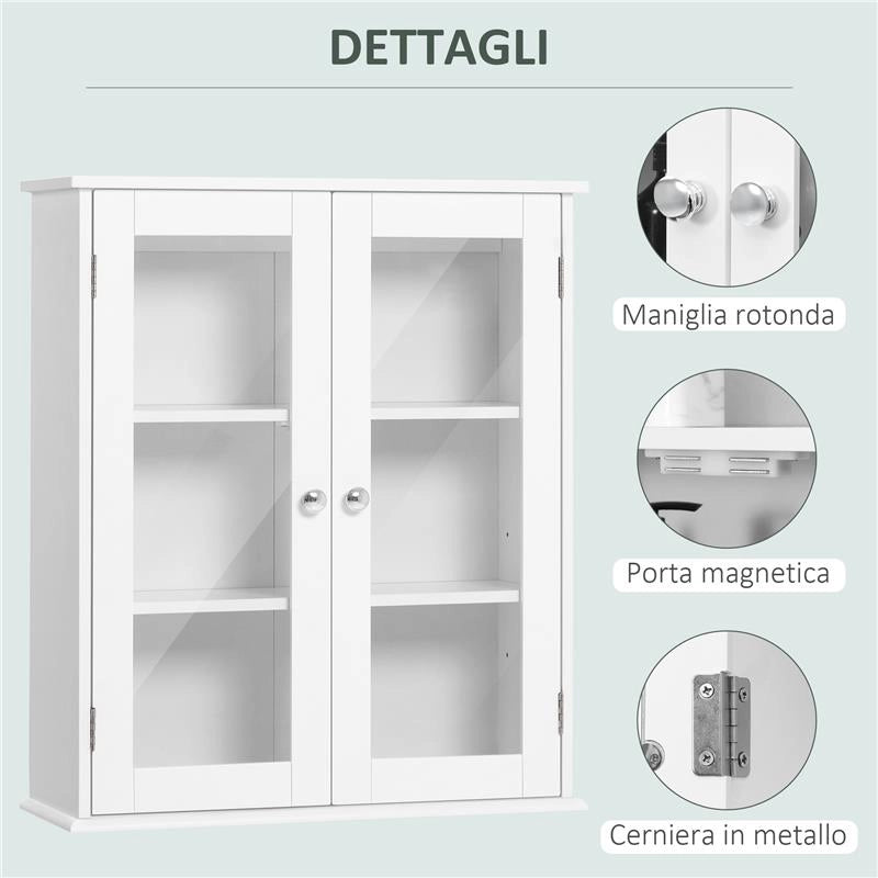 ARMADIETTO PENSILE BAGNO A 2 ANTE IN LEGNO E VETRO CON RIPIANO REGOLABILE, 55X20X65 CM, BIANCO