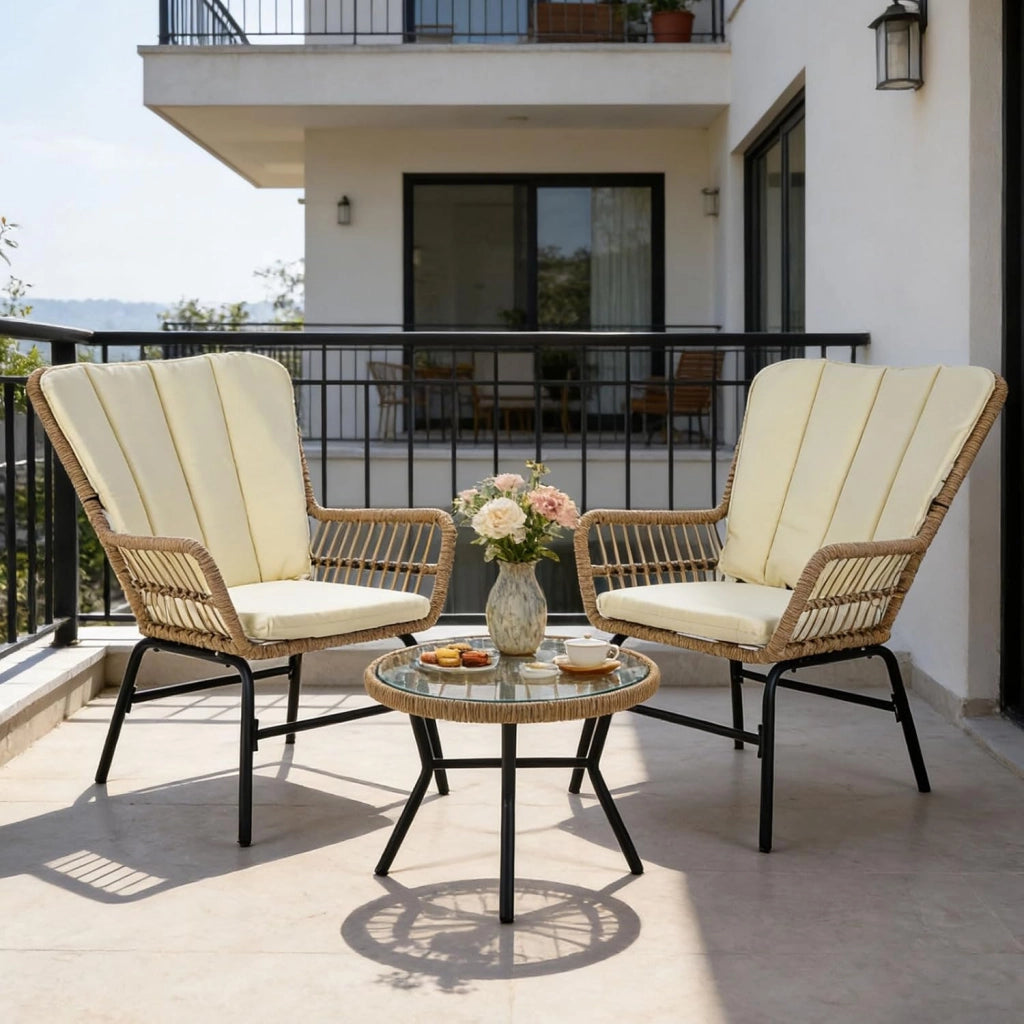Set di 3 mobili da giardino in rattan con 2 sedie con cuscino e tavolo, set da bistrò per balcone, terrazza e patio, per 2 persone, portata fino a 180 kg