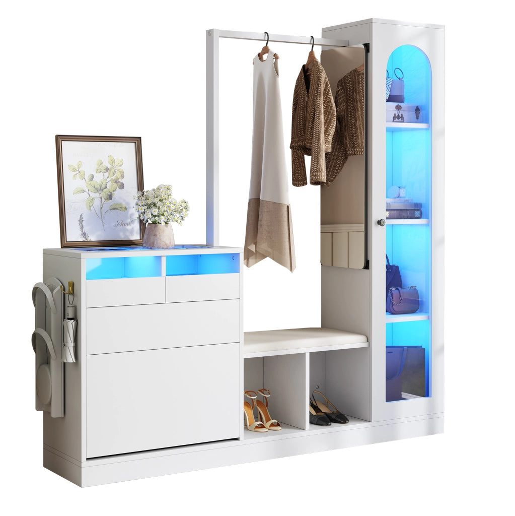 Mobile ingresso multifunzione con LED; specchio girevole e scarpiera salvaspazio 163x50x161 cm; bianco in truciolare