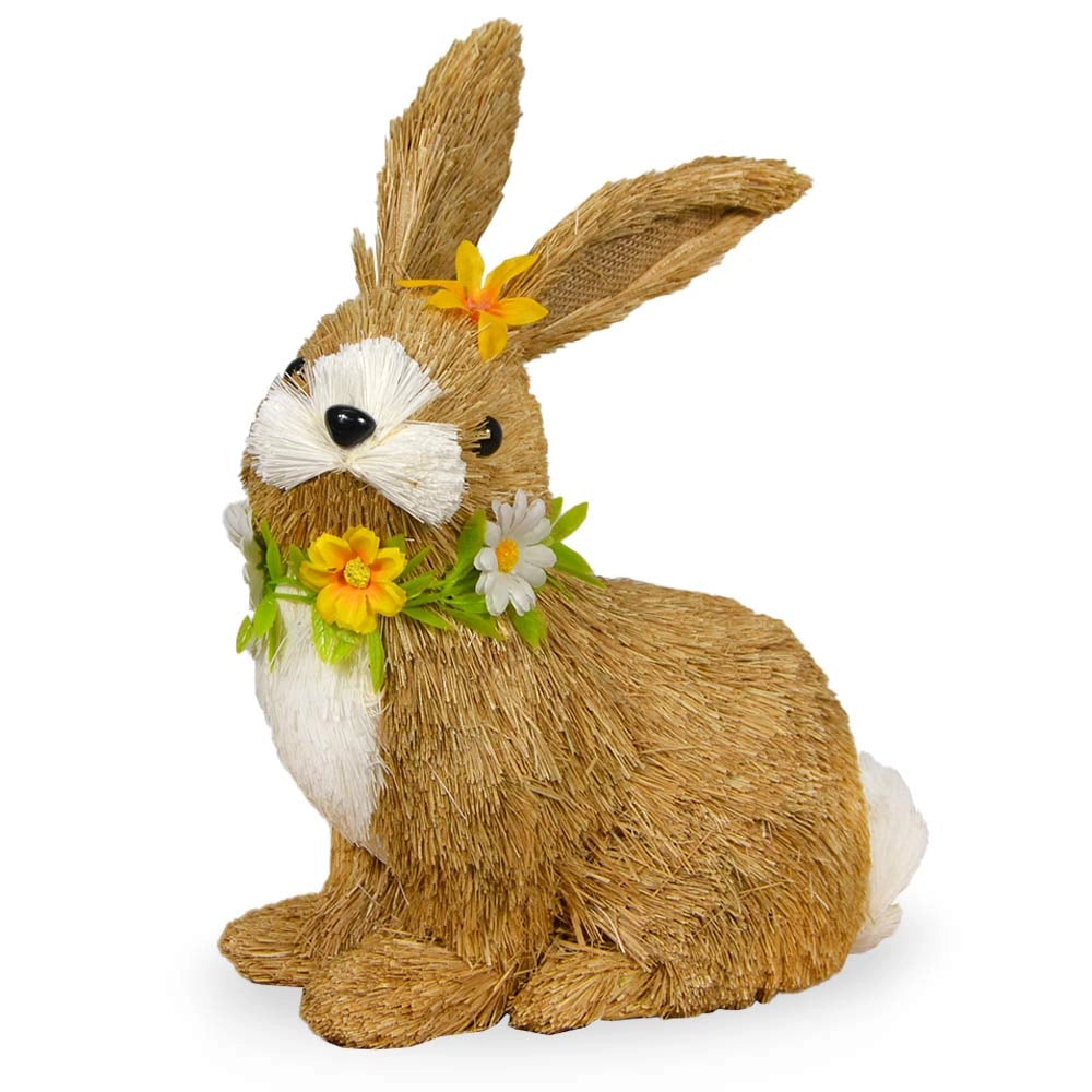 Coniglio pasquale decorativo in rafia naturale beige con collana fiori h30 cm