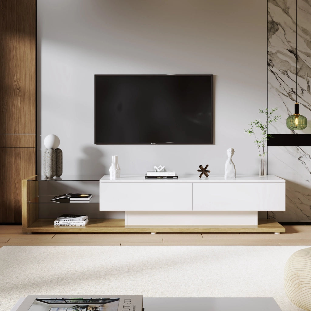 Mobile TV con 2 Cassetti e 2 Ripiani in Vetro con LED regolabile tramite app per Soggiorno in Truciolare Bianco 170 × 36 × 38 cm
