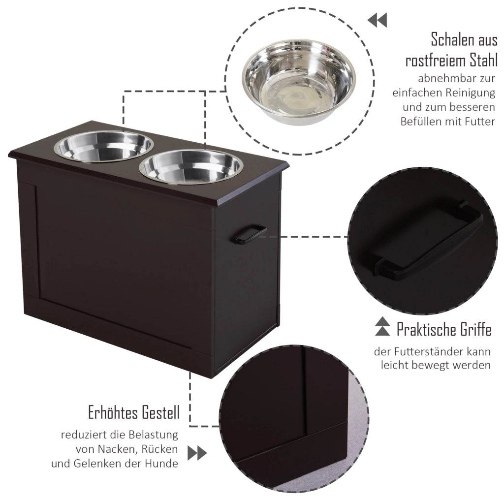 Station de Repas surélevée pour Chien 60x30x41 cm - MDF Brun avec Rangement et Gamelles