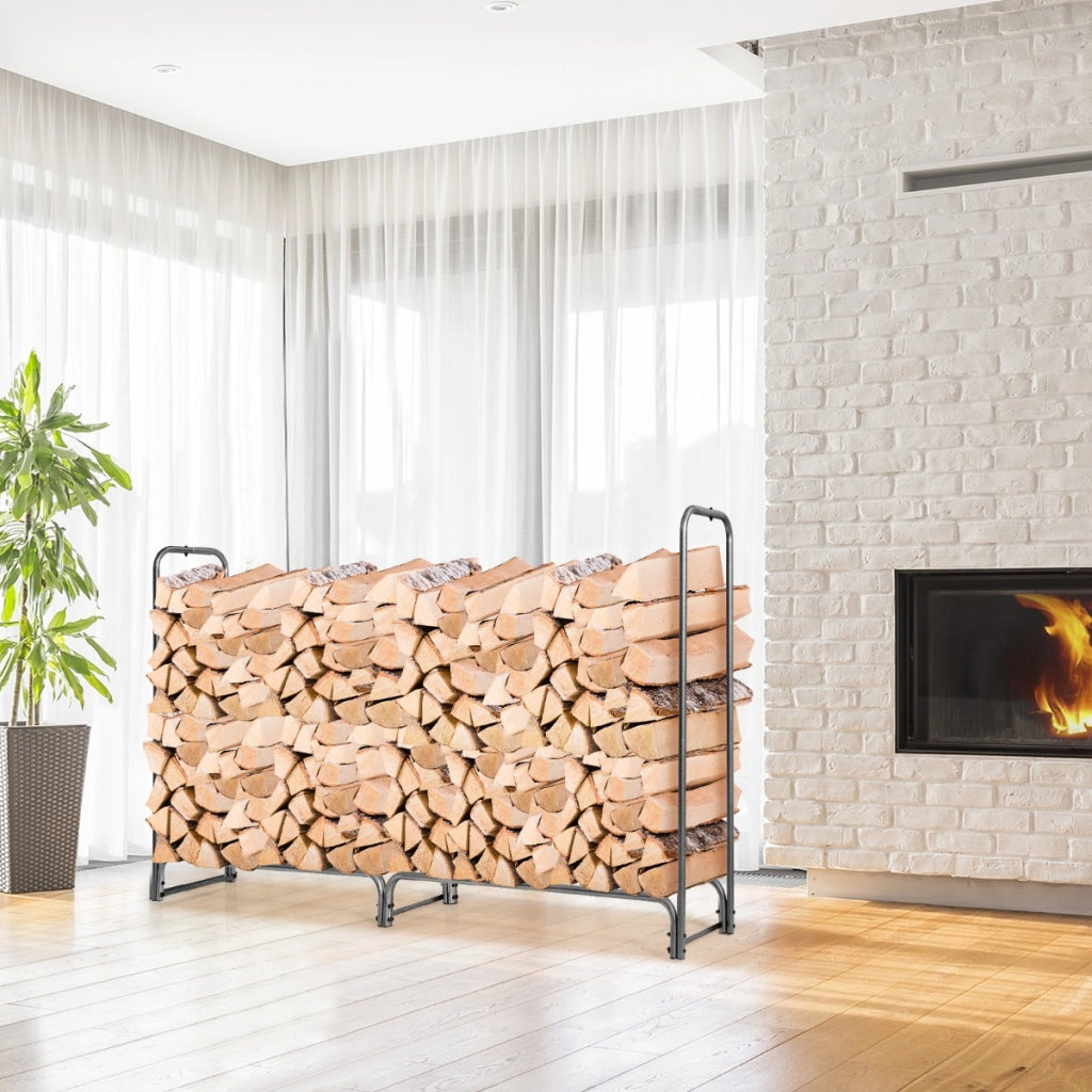 Porta legna con copertura impermeabile e struttura in ferro pesante per camino, Mensola portalegna Nero 240cm-Accessori caminetti e stufe a legna