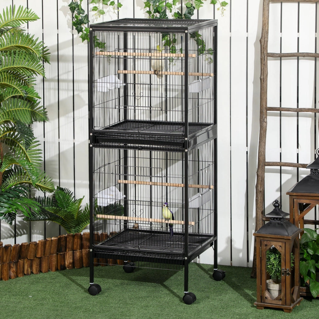 Gabbia Voliera per Uccelli per Interni 51,5x50x140 cm con Ruote e Vassoi Estraibili Nero