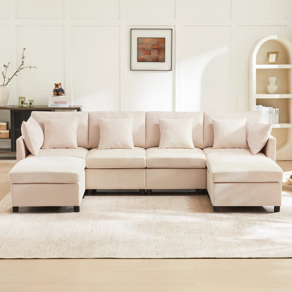 SOFA Modulare 278x161x81 cm in Chenille Beige con 2 pouf e 6 cuscini