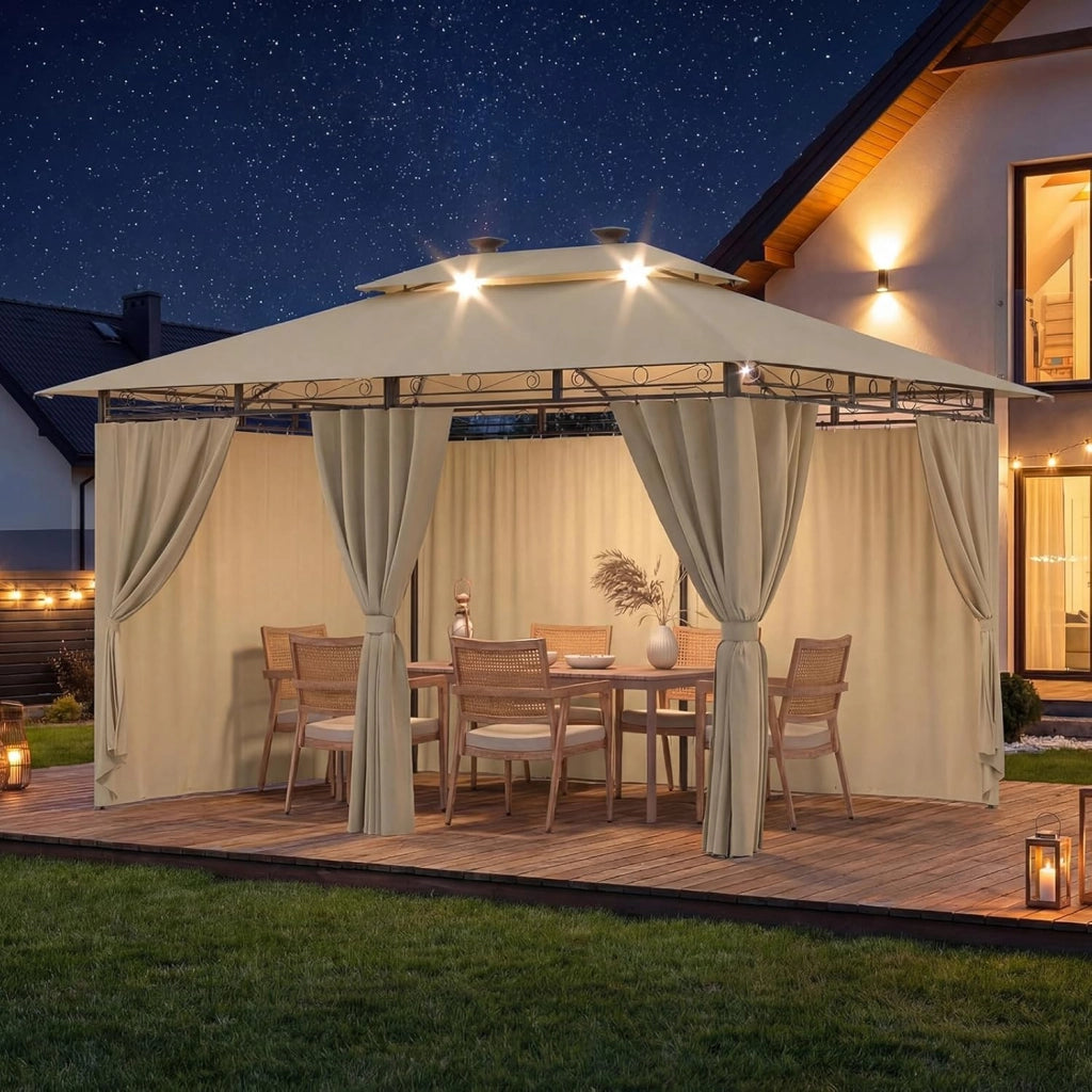 Gazebo Esterno Resistente 3x4m con Luce LED, Gazebo da Giardino Impermeabile Robusto per 6-8 Persone, Doppio Tetto Protezione UV50+, Tenda da Giardino per Famiglie Festival Eventi, Beige