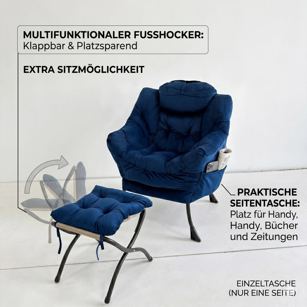 POLTRONA Relax con Pouf 70x77x20 cm Tessuto Blu Scuro