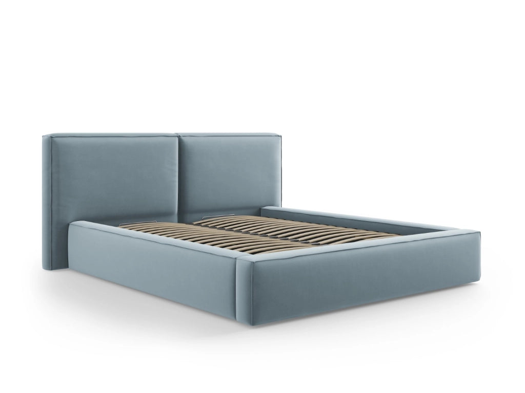 Cosmopolitan Design - Letto a cassettone con testiera doppia "Arendal" 160x200cm in velluto azzurro 