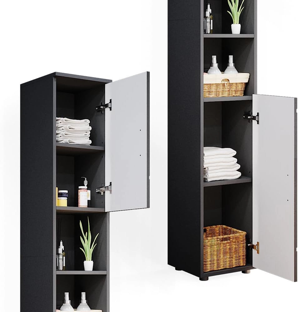 Mobile bagno alto Irma, Antracite lucido, 30 x 192 cm, per la conservazione di accessori da bagno e compatibile con la serie Irma