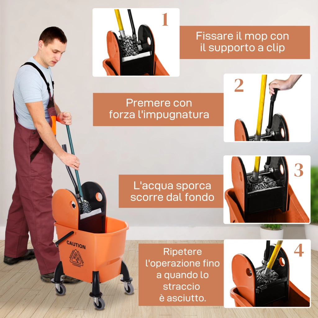 Carrello Pulizie Professionale ¨C Xylo ¨C 26L con Strizzatore e Ruote 44x36x90cm Arancione