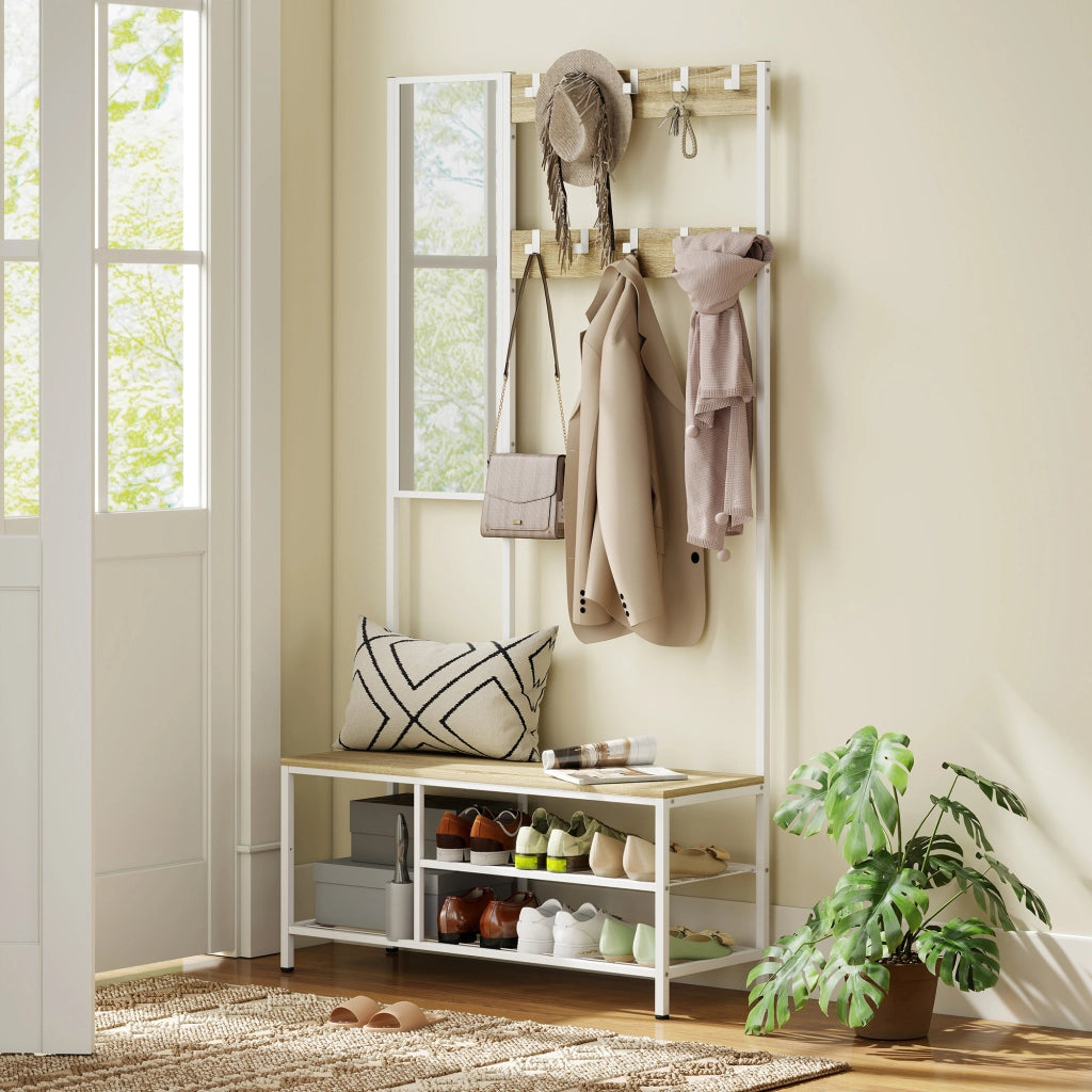 Appendiabiti con specchio e ripiani ¨C zephmum ¨C 98x34x186 cm colore naturale