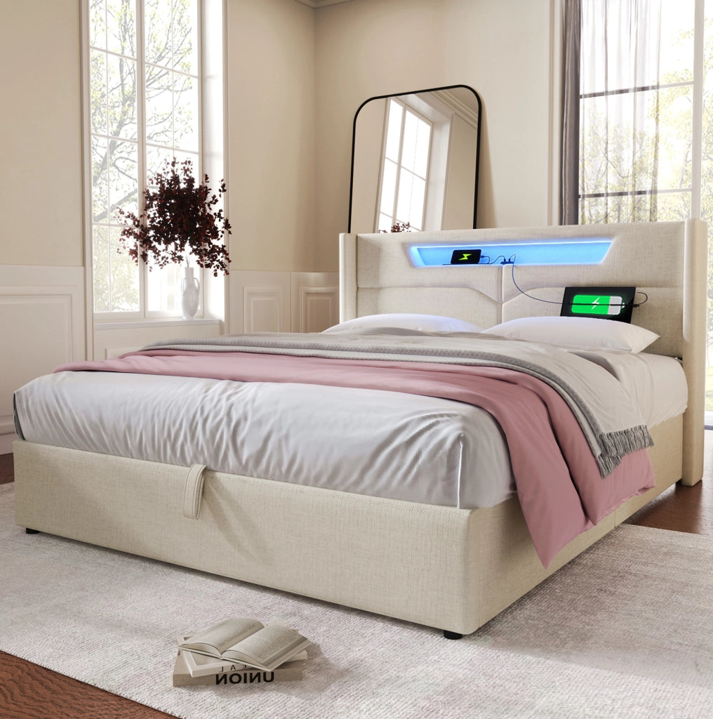 Letto matrimoniale contenitore 160x200 cm con LED; USB e USB-C in lino beige