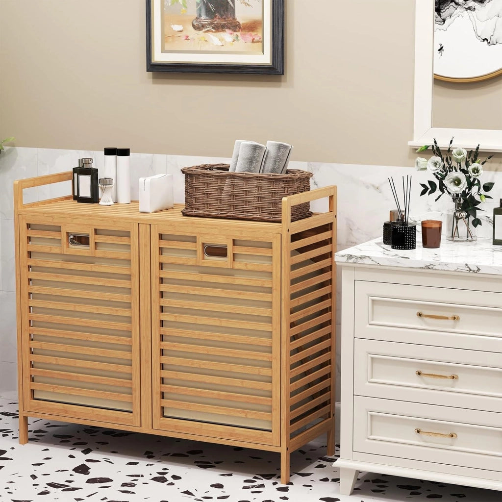 Cesto per la biancheria, 75 l, 2 scomparti, con 2 sacchetti per la biancheria rimovibili, 80 x 30 x 72 cm, in bambù, per lavanderia e bagno