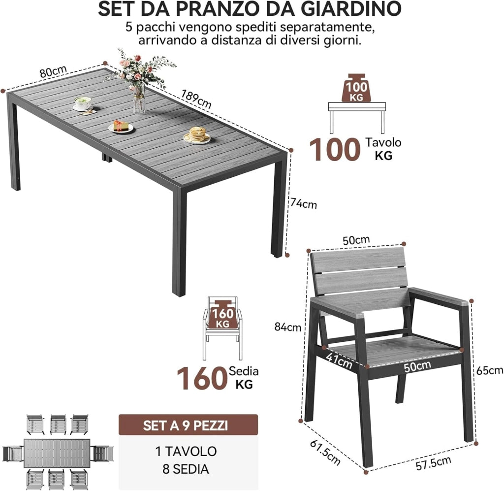 HDPS Set Tavolo e Sedie da Giardino 9 Pezzi Resistente alle Intemperie, Completo di Tavolo 189 cm e 8 Sedie da Esterno in Alluminio, Finitura a Vena di Legno e Facile da Manutenzionare (Grigio)