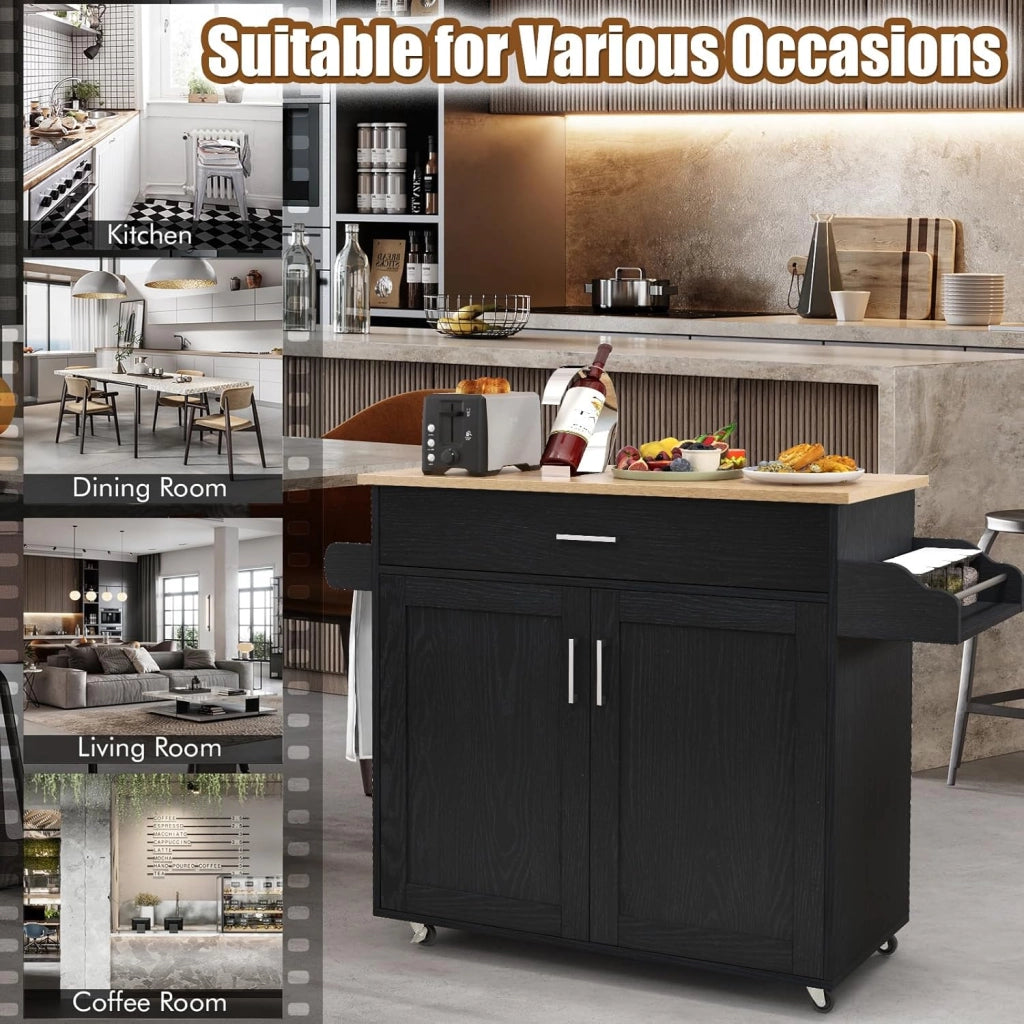 Carrello da Cucina con Ruote di Gomma, Isola Cucina con Cassetto e Ripiano Regolabile, Mobile Credenza Salvaspazio Porta Microonde, Portaspezie, Portasciugamani, 116 x 40 x 85 cm (Nero)