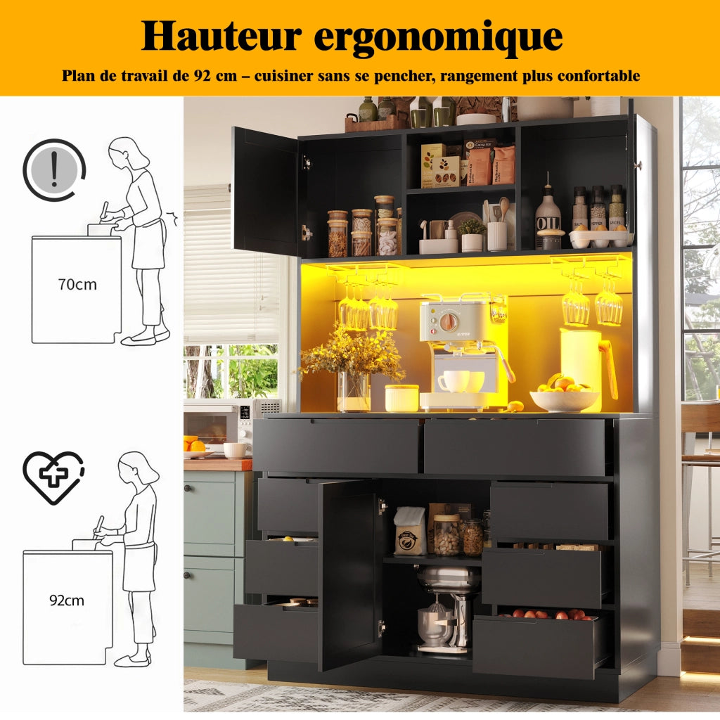 OKWISH Credenza Alta da Cucina con 8 Cassetti, Ripiani Regolabili e LED con USB, per Cucina, MDF, 120 x 40 x 183.5 cm