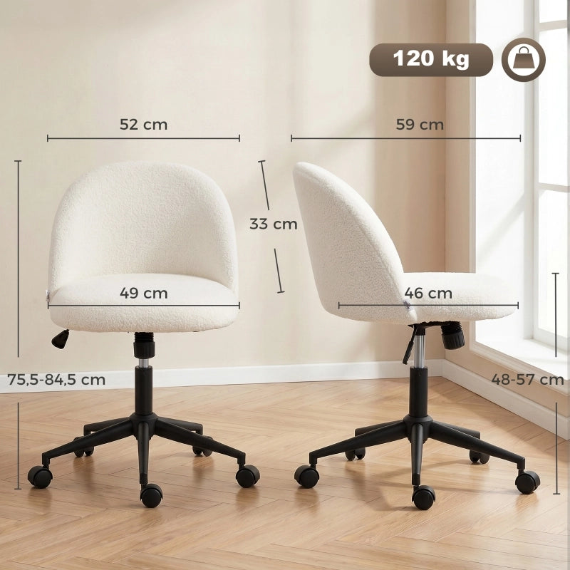Sedia da ufficio girevole in tessuto teddy con altezza regolabile e rotelle in poliestere bianco crema ergonomica