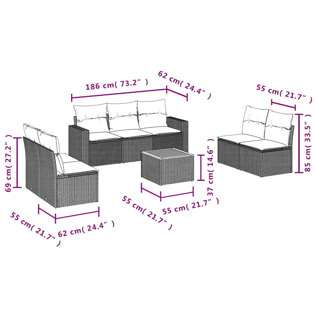 Set Divani da Giardino 8 pz con Cuscini Nero in Polyrattan