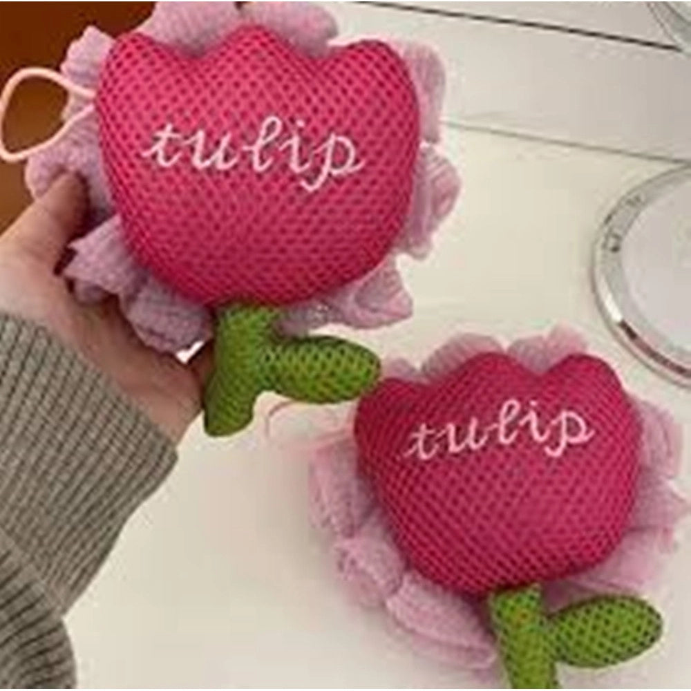 Trade Shop - Spugna Doccia A Rete Bagno Esfoliante Pelle Corpo Con Fiore Di Tulipano Rosa 10771 -