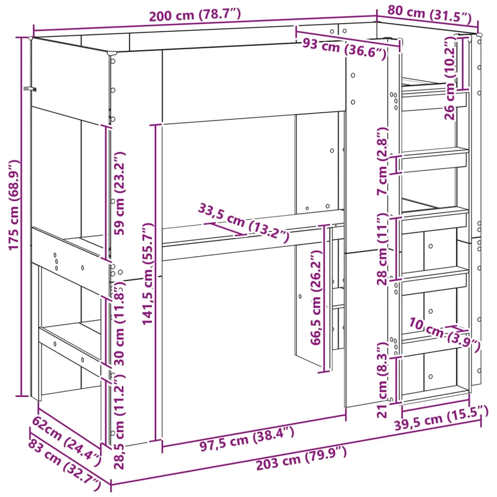 Struttura letto a castello con scrivania Rovere fumé