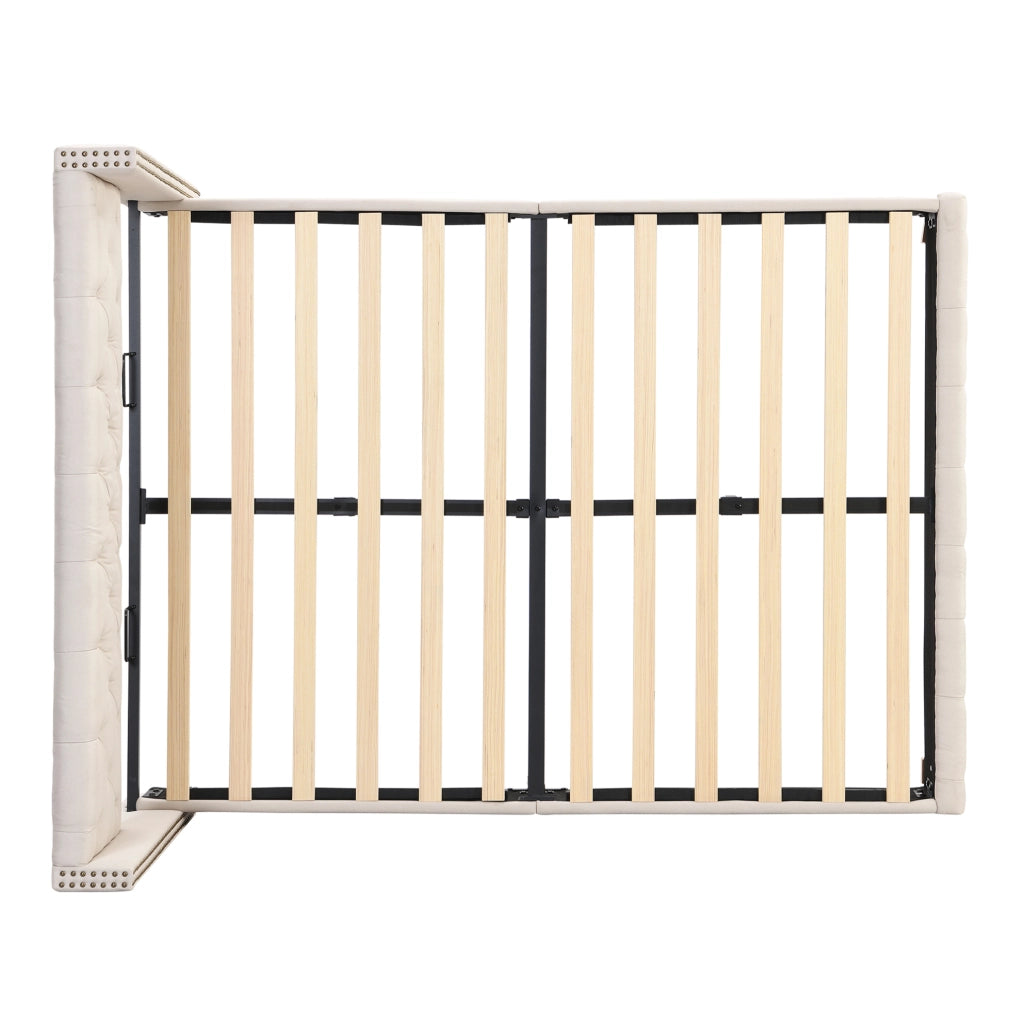 Letto imbottito 160x200 cm; testiera trapuntata con borchie; lino beige (Senza materasso)