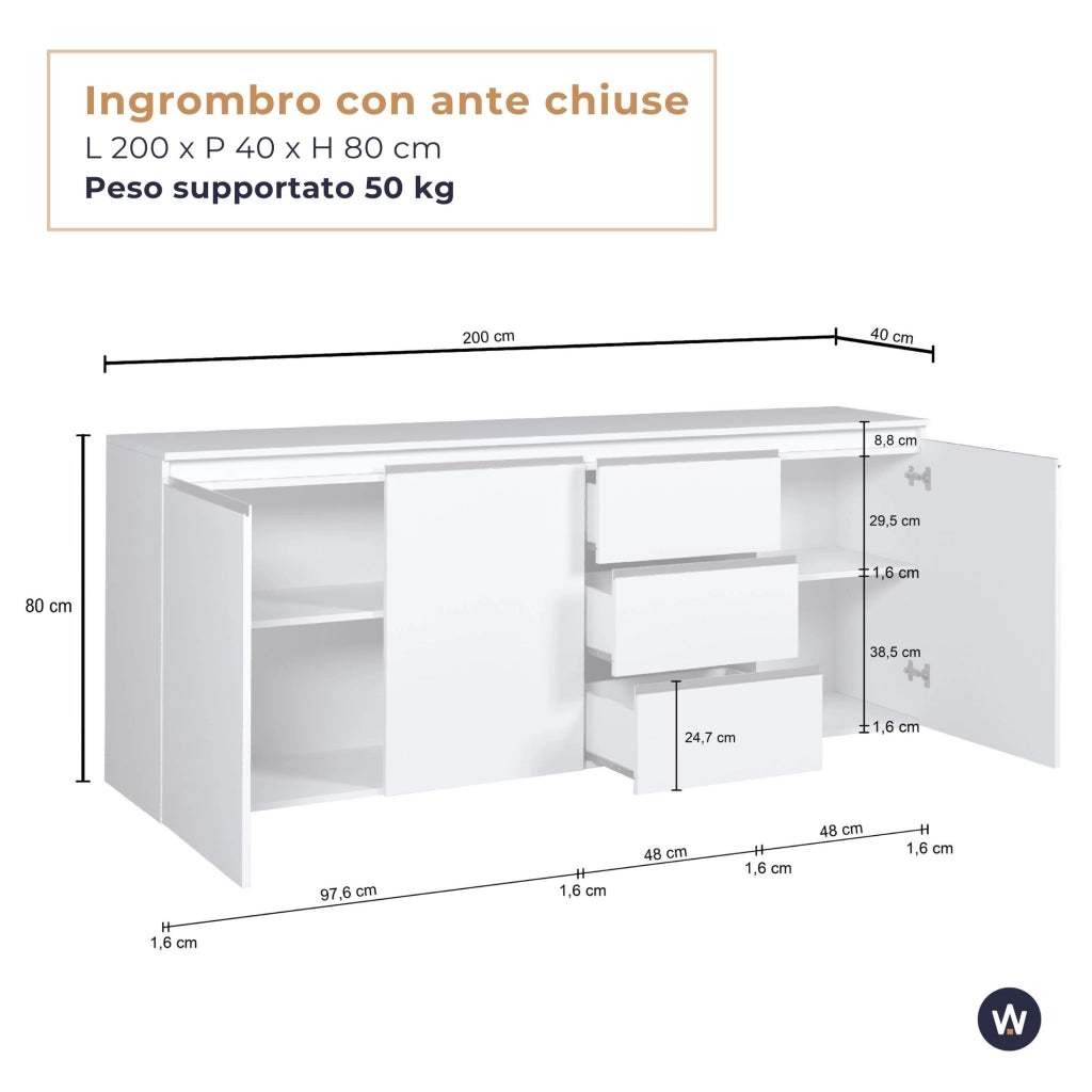 WHOUS Credenza a cassettiera Magic 3 ante e 3 cassetti bianco lucido 200x40x85 cm