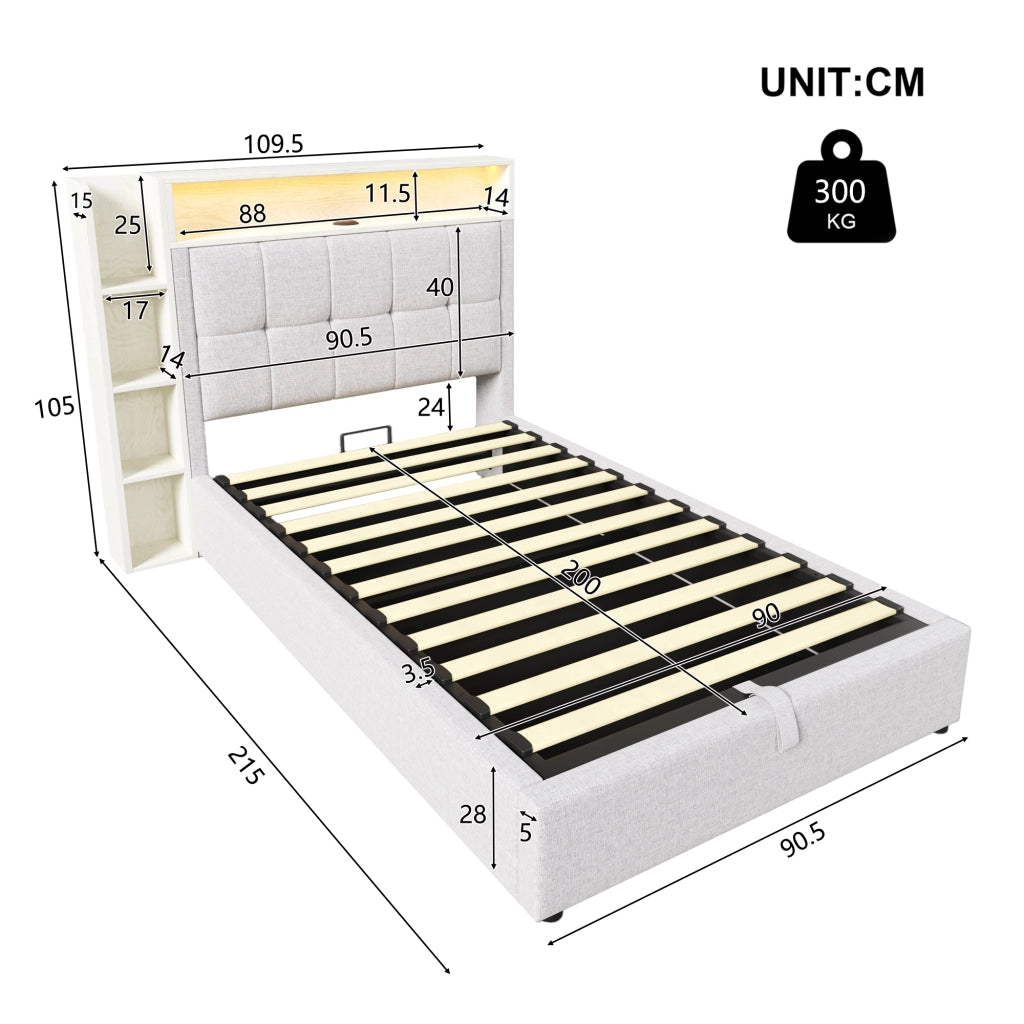 LETTO imbottito 90x200 cm in lino beige con USB e LED