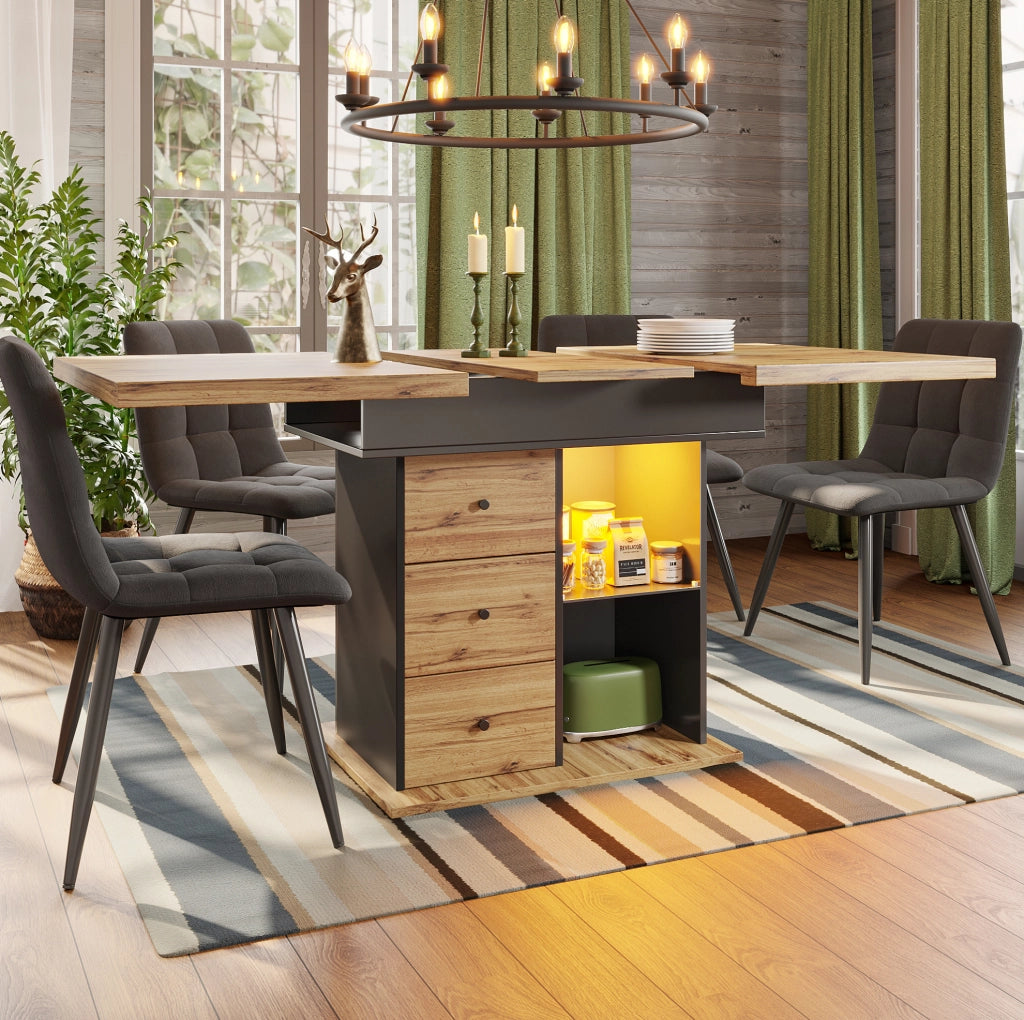Tavolo da pranzo estensibile 110-140 x 80 cm in MDF nero con LED, 4-6 persone