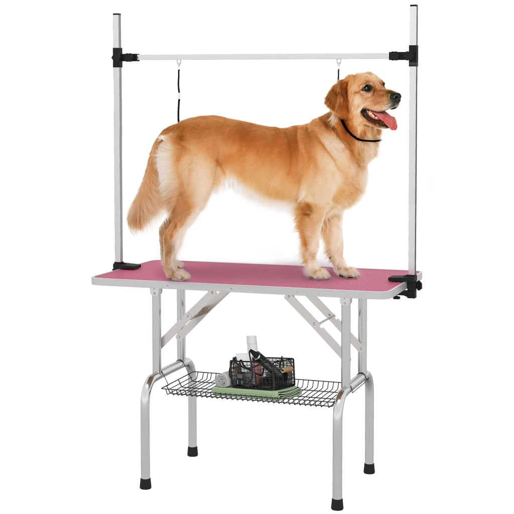 Tavolo pieghevole per toelettatura cani con cesto metallico e barra in acciaio inox regolabile ¨C zephmum ¨C 107x60x164 cm rosa