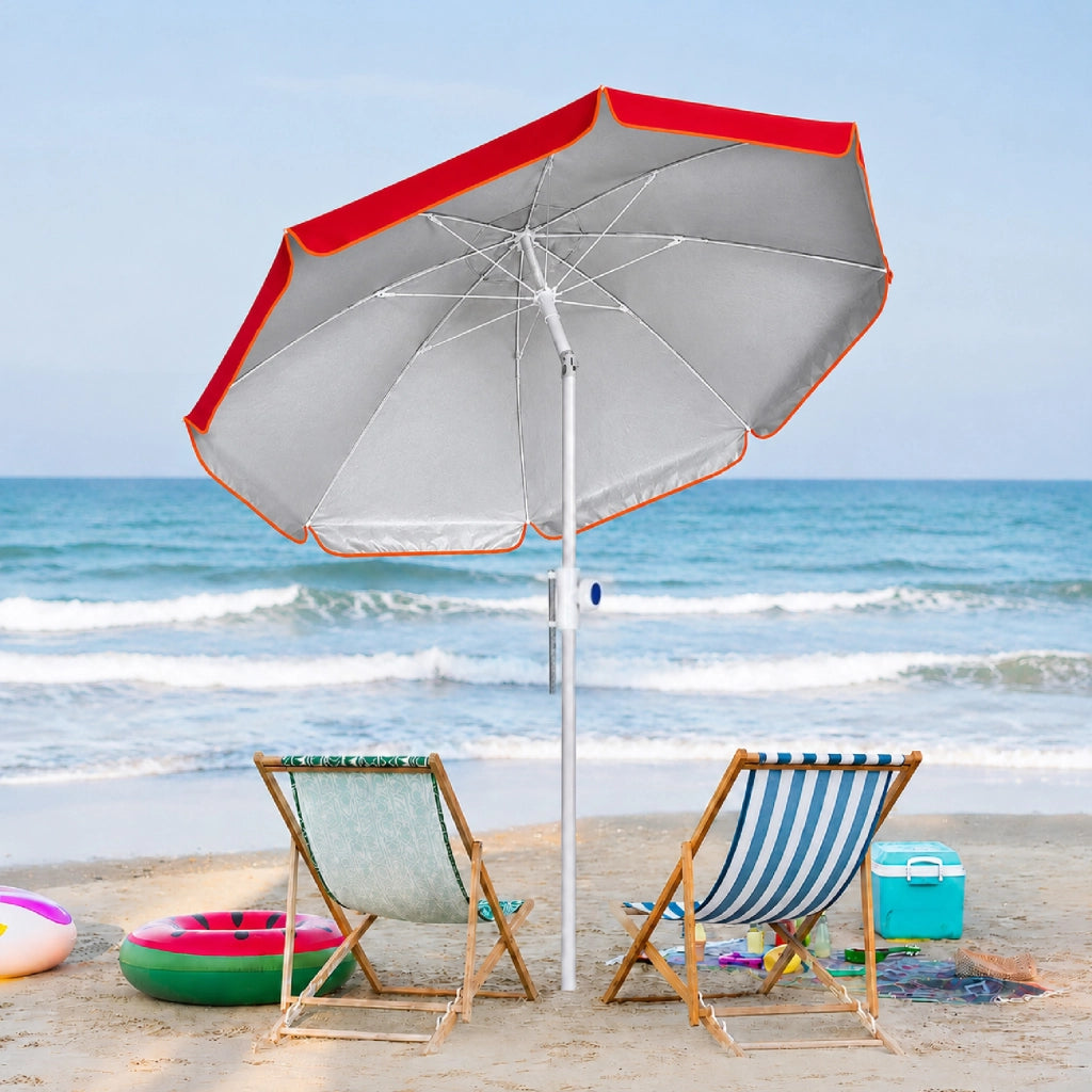 Ombrellone Mare Maxi 220 cm con Protezione UV, Palo a Vite e Inclinazione Regolabile, Parasole da Spiaggia con Presa d'Aria Antivento, Stecche Resistenti e Custodia Trasporto Rosso
