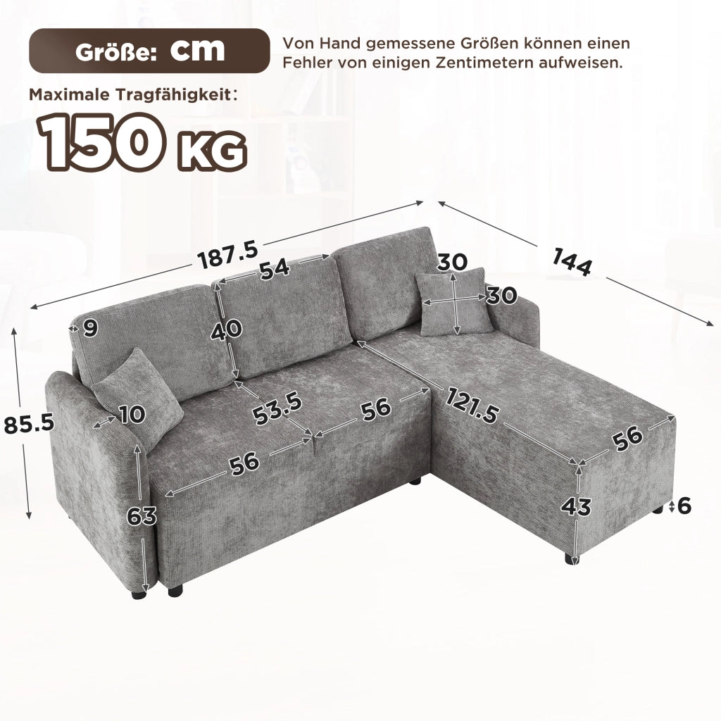 Divano angolare a L a 3 posti con area relax e 2 cuscini in ciniglia con struttura in legno massello grigio