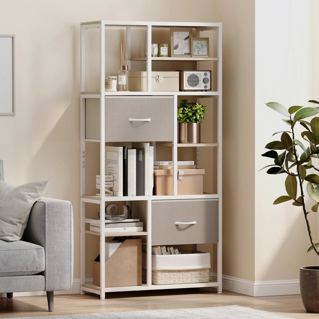 Libreria con 2 cassetti in tessuto e 9 ripiani aperti ¨C Zephmum ¨C Bianco 72.5x30x150 cm