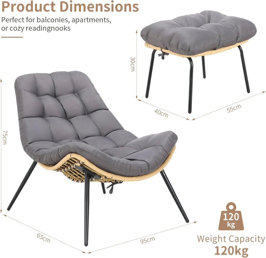 Sedia a sdraio con sgabello, in rattan, resistente alle intemperie, fino a 120 kg, poltrona da balcone con cuscino rimovibile, cuscino impermeabile, per giardino, balcone, soggiorno, cortile